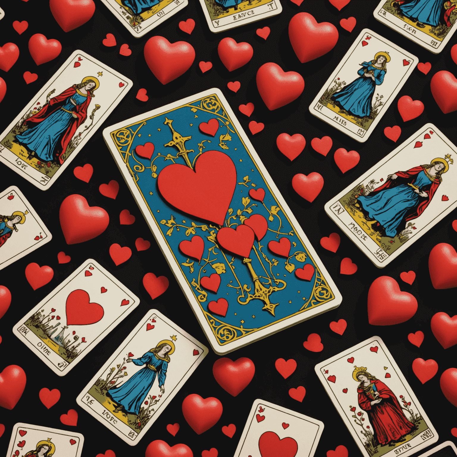 Tarotkarten umgeben von schwebenden Herzen, die Liebe und Romantik symbolisieren