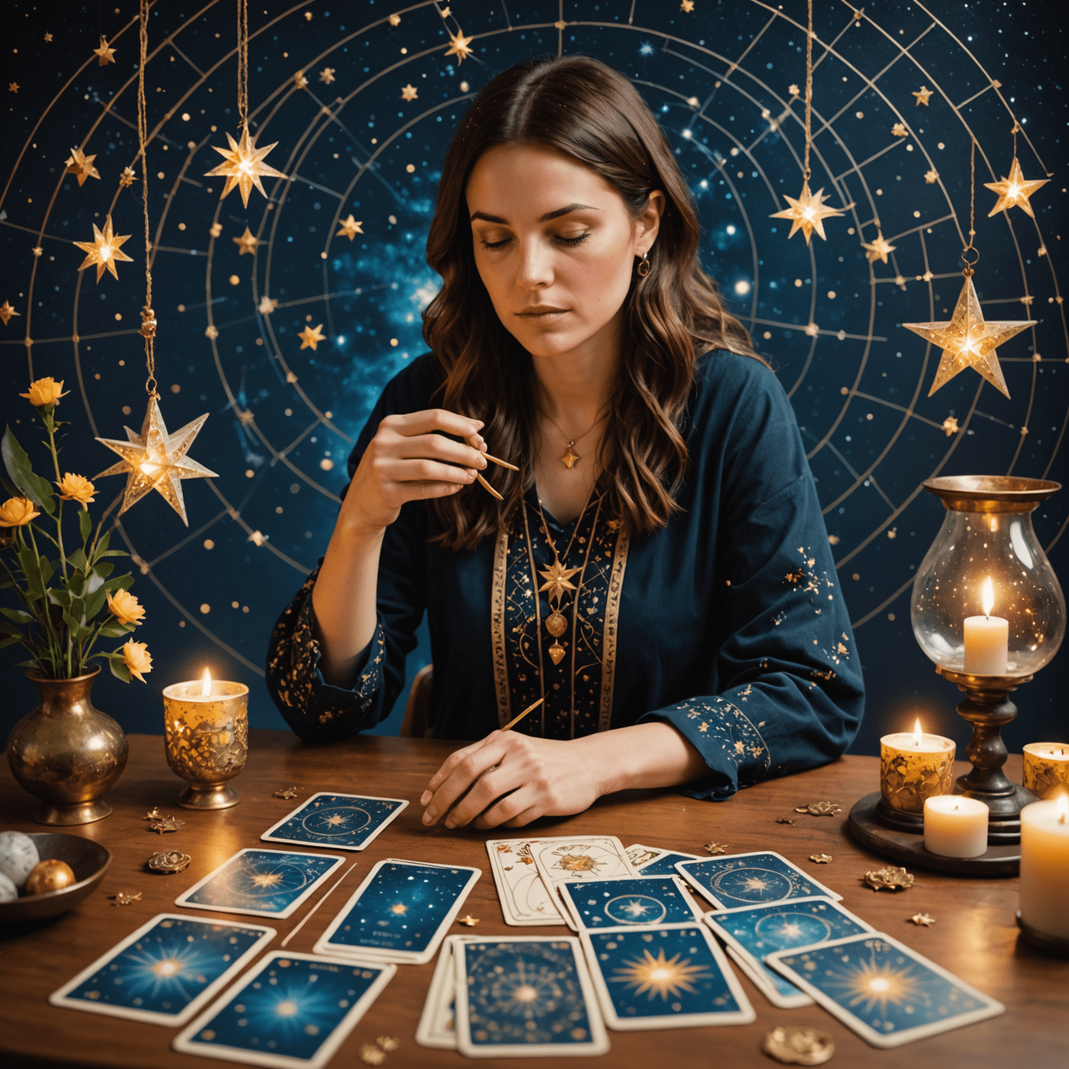 Ein Tarot-Leser, der konzentriert Karten auf einem mit Sternenmustern verzierten Tisch auslegt. Im Hintergrund sind Sternbilder und astrologische Symbole zu sehen.